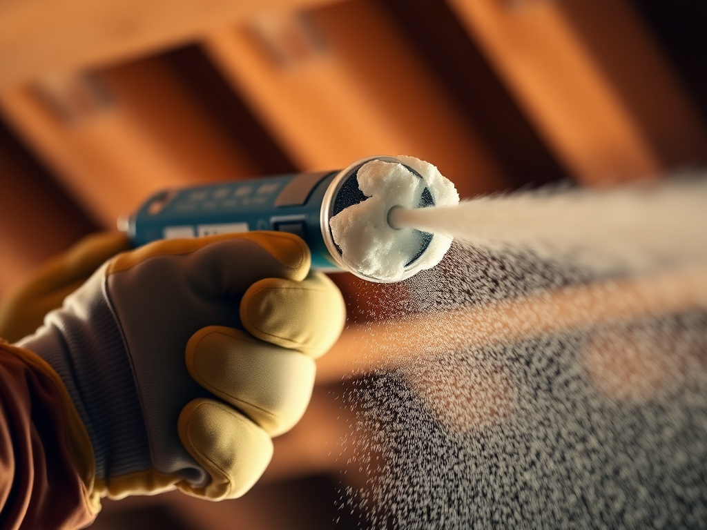 Close-up of a spray foam insulation gun applying cured foam texture