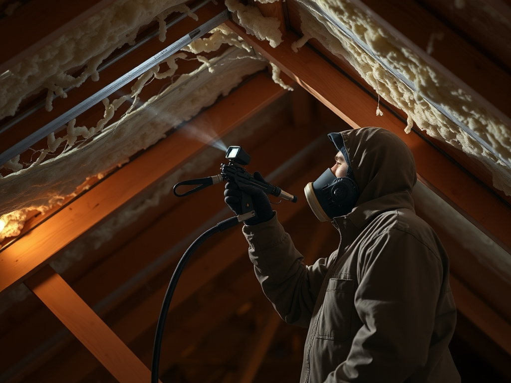 Technician spraying foam insulation onto an attic roof deck